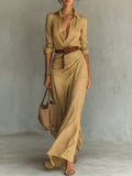 Women's Flowing Maxi Shirt Dress with Draped Skirt and Belted Waist - Dress for Women