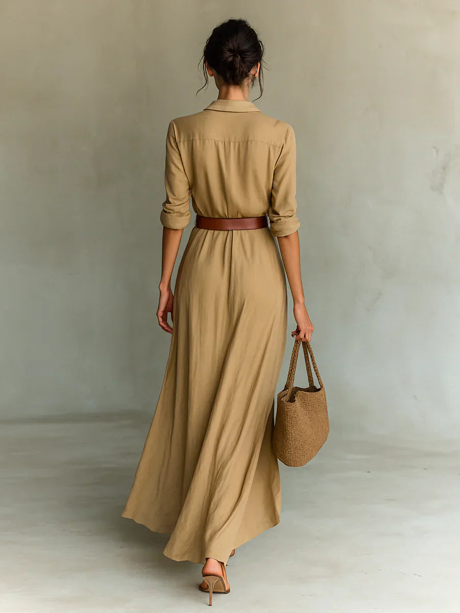 Women's Flowing Maxi Shirt Dress with Draped Skirt and Belted Waist - Dress for Women