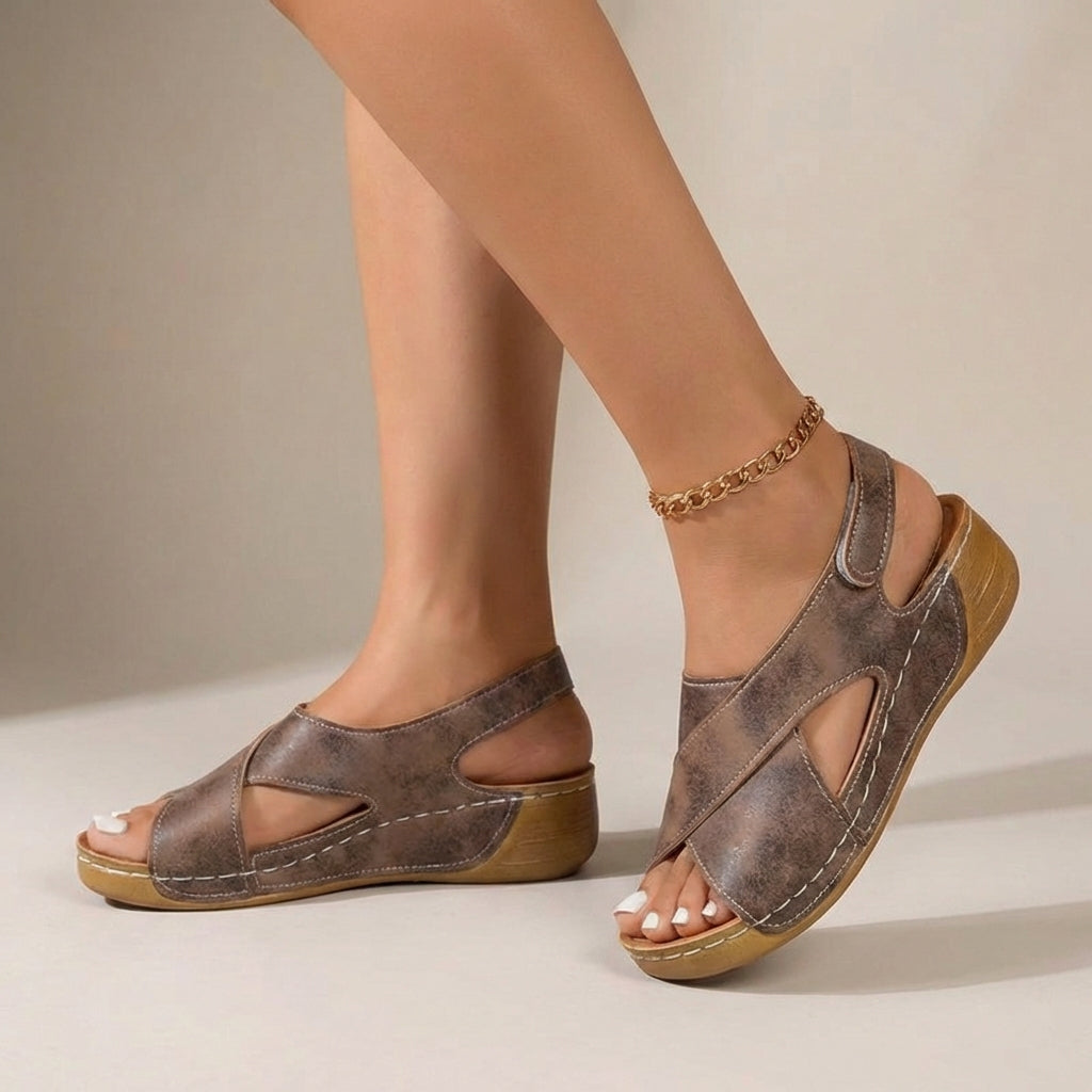 Women's Faux Sandals with Low Wedge and Criss-Cross Straps - Shoes for Women