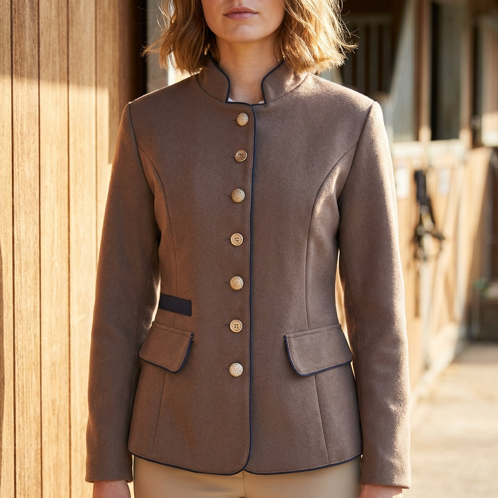 Women's Tailored Blazer with Stand-Up Collar and Contrasting Trim