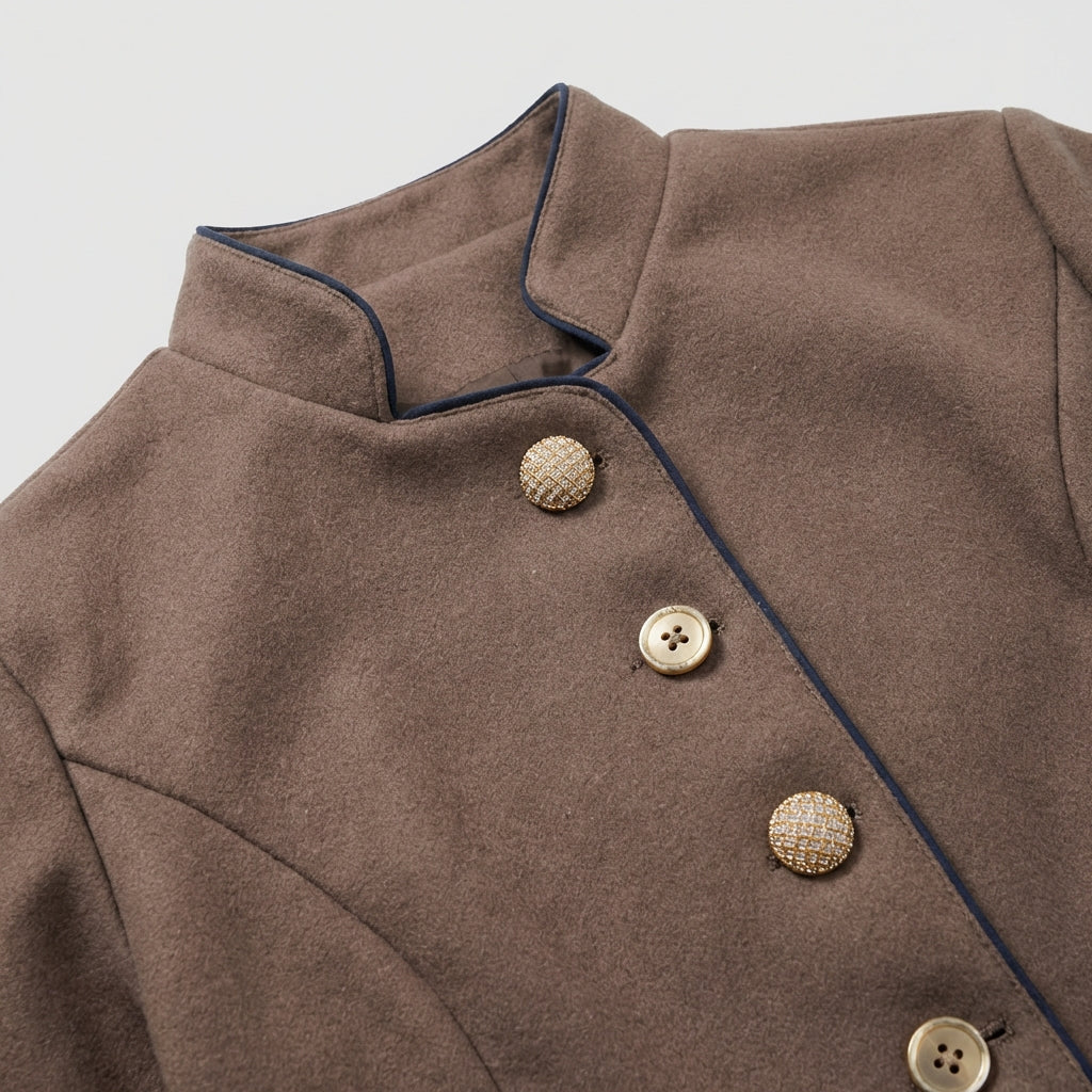 Women's Tailored Blazer with Stand-Up Collar and Contrasting Trim