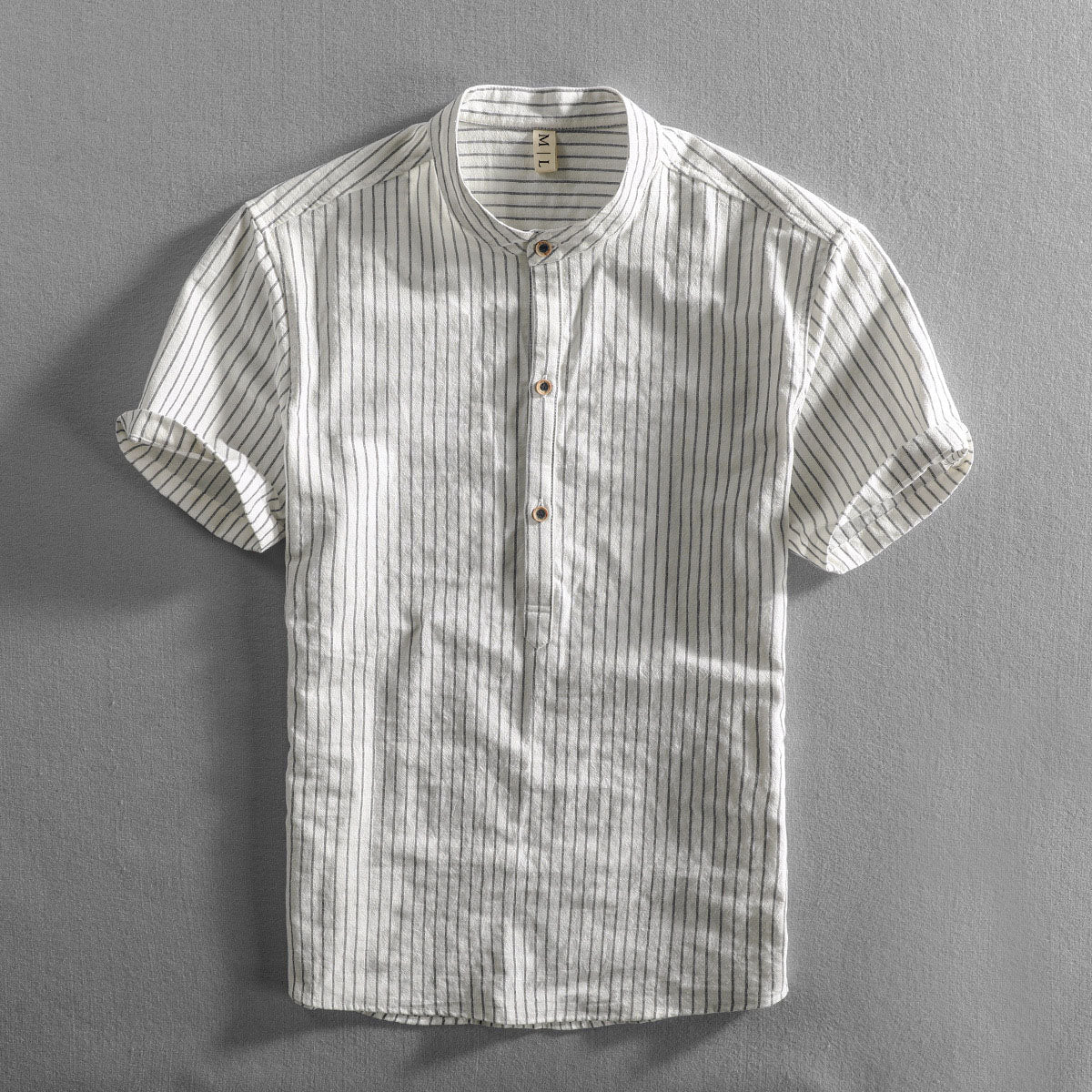 Men's Relaxed Mandarin Collar Shirt with Vertical Stripes - Shirt for Men