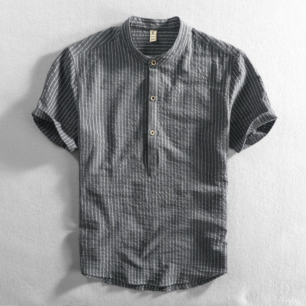 Men's Relaxed Mandarin Collar Shirt with Vertical Stripes - Shirt for Men