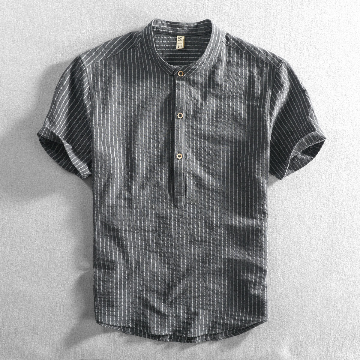 Men's Relaxed Mandarin Collar Shirt with Vertical Stripes - Shirt for Men