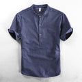 Men's Relaxed Mandarin Collar Shirt with Vertical Stripes - Shirt for Men