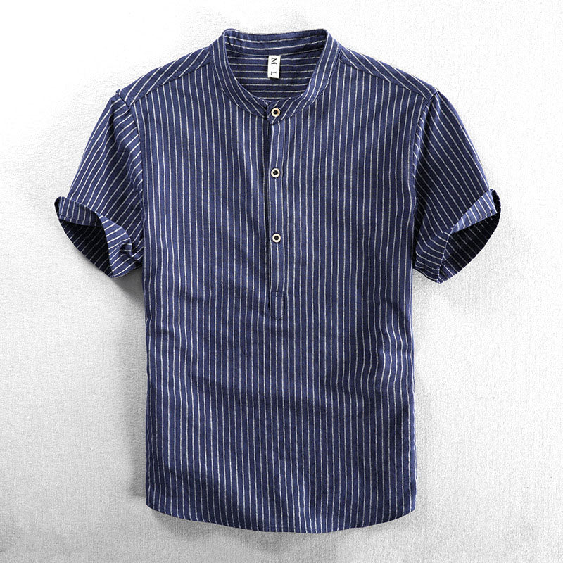 Men's Relaxed Mandarin Collar Shirt with Vertical Stripes - Shirt for Men