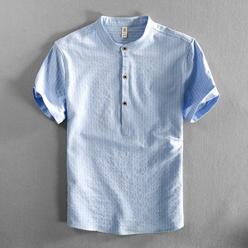 Men's Relaxed Mandarin Collar Shirt with Vertical Stripes - Shirt for Men