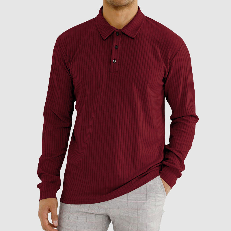 Men's Men’s Knit Long-Sleeve Polo Shirt with Vertical Ribbed Texture - Shirt for Men