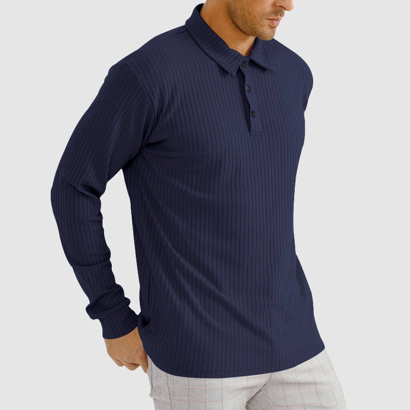 Men's Men’s Knit Long-Sleeve Polo Shirt with Vertical Ribbed Texture - Shirt for Men