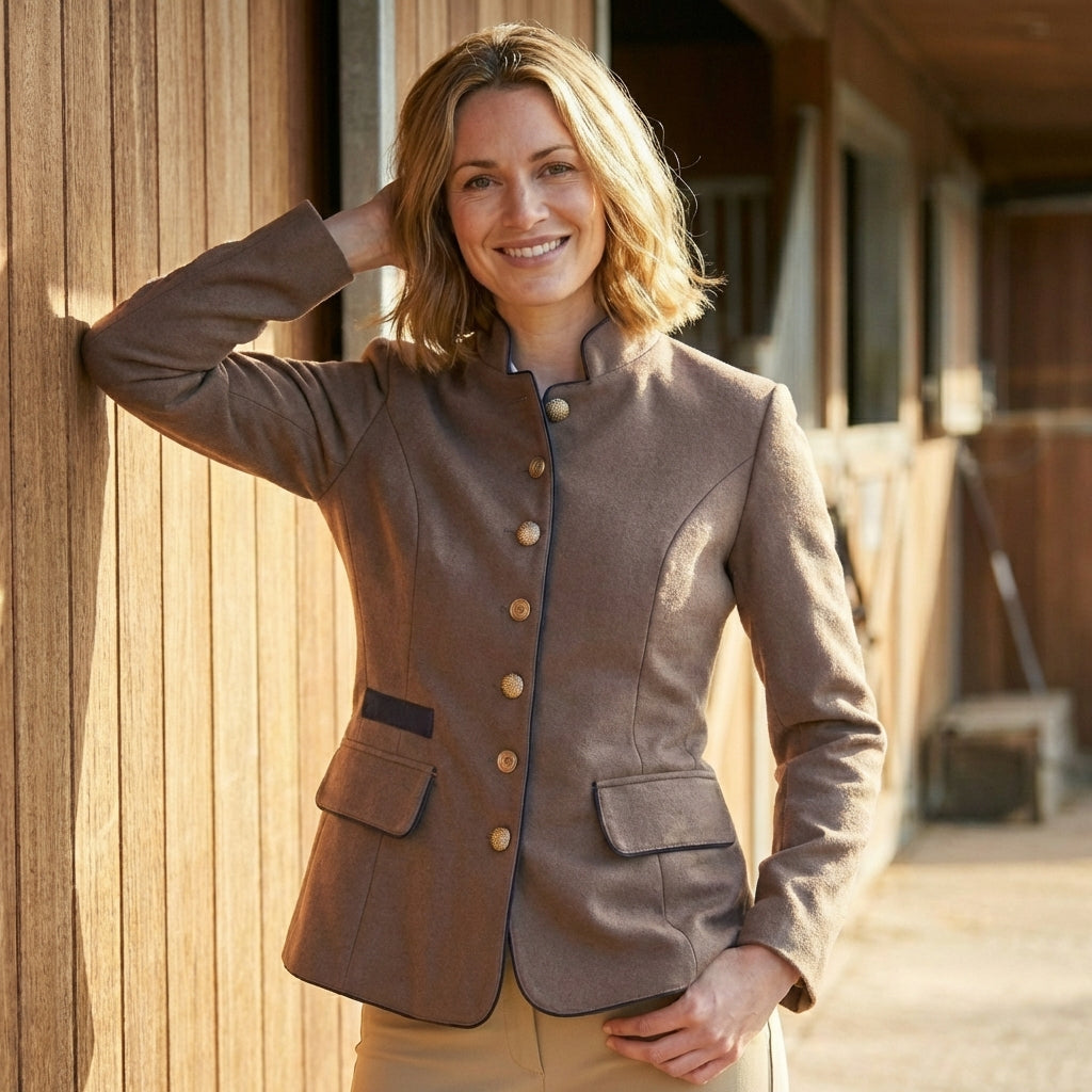 Women's Tailored Blazer with Stand-Up Collar and Contrasting Trim