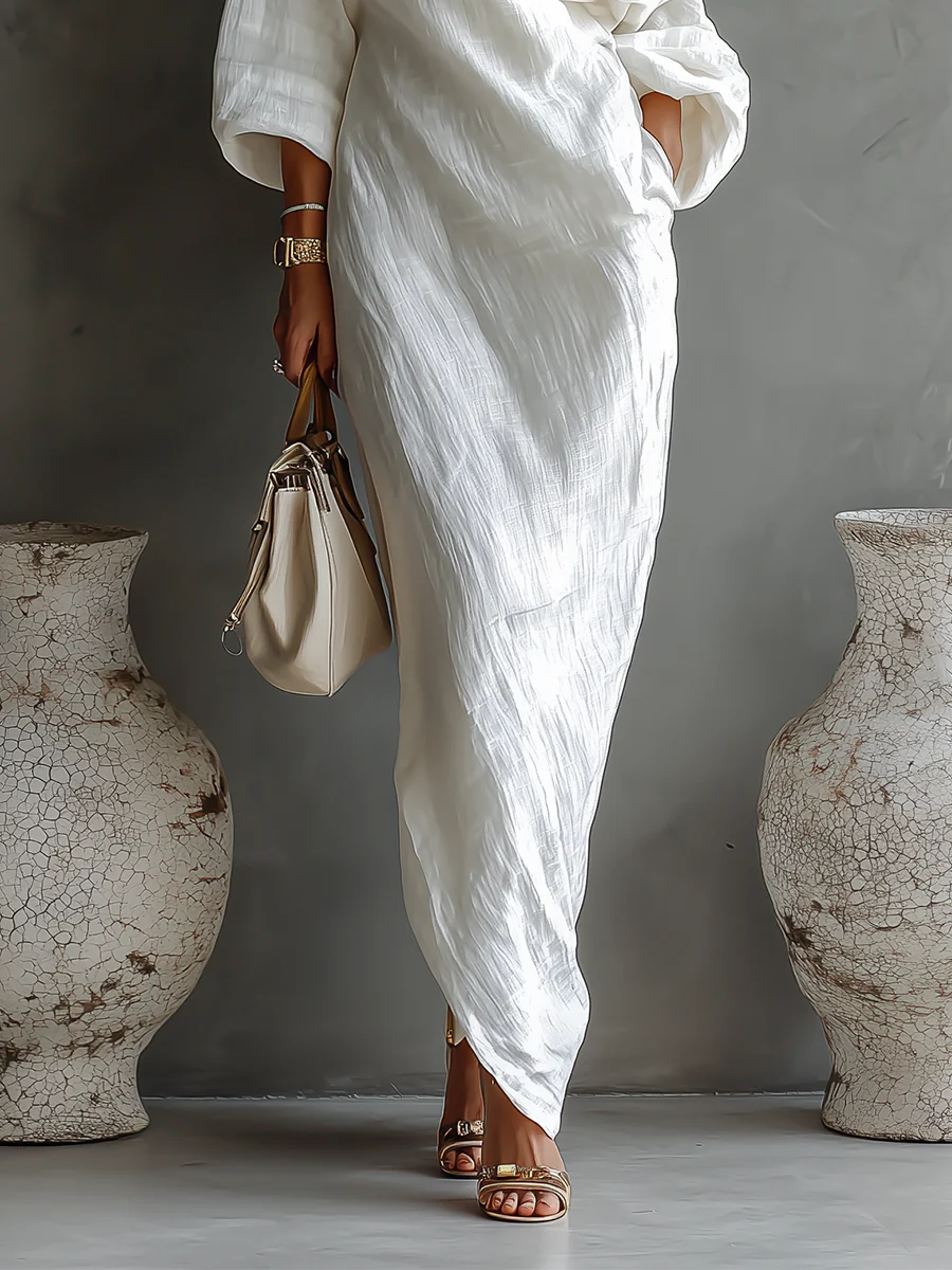 Women's Draped One-Shoulder Maxi Dress with Voluminous Sleeve - Dress for Women