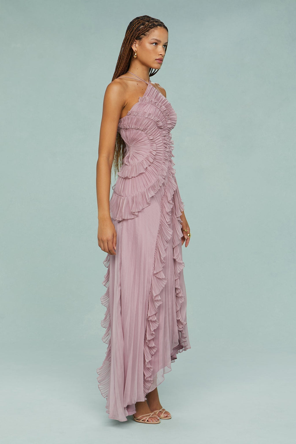 Women's Halter Dress with Pleated Ruffles and Tie for Formal Events